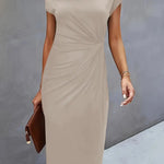 Elegant beige midi dress with short cap sleeves and round neckline, ruched waist
