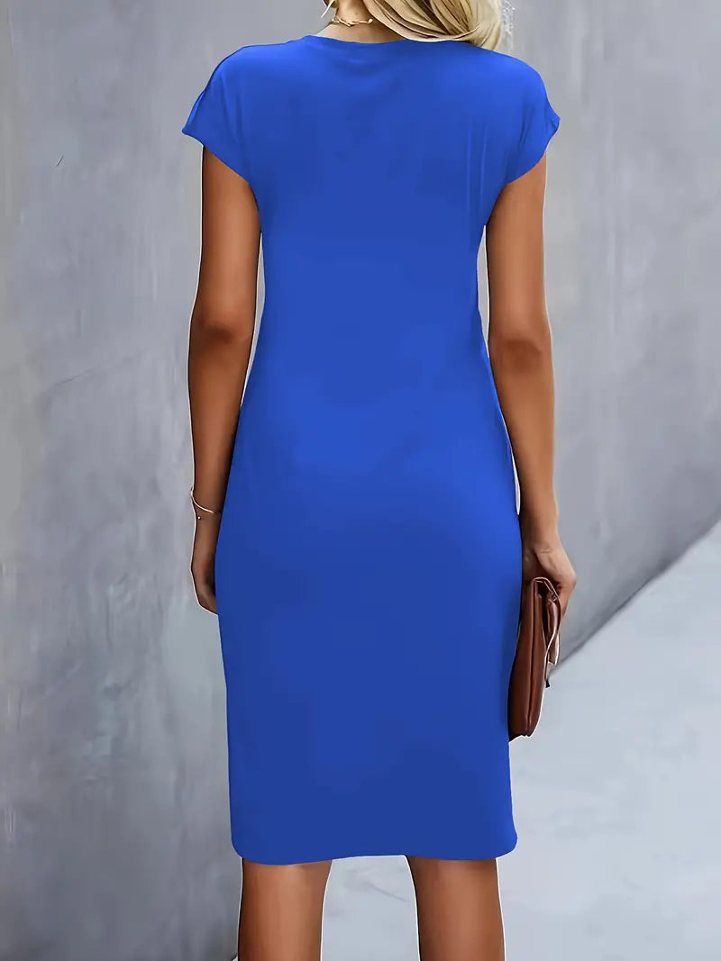 Elegant blue midi dress with short cap sleeves and round neckline, back view