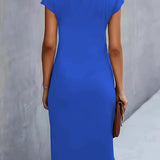 Elegant blue midi dress with short cap sleeves and round neckline, back view