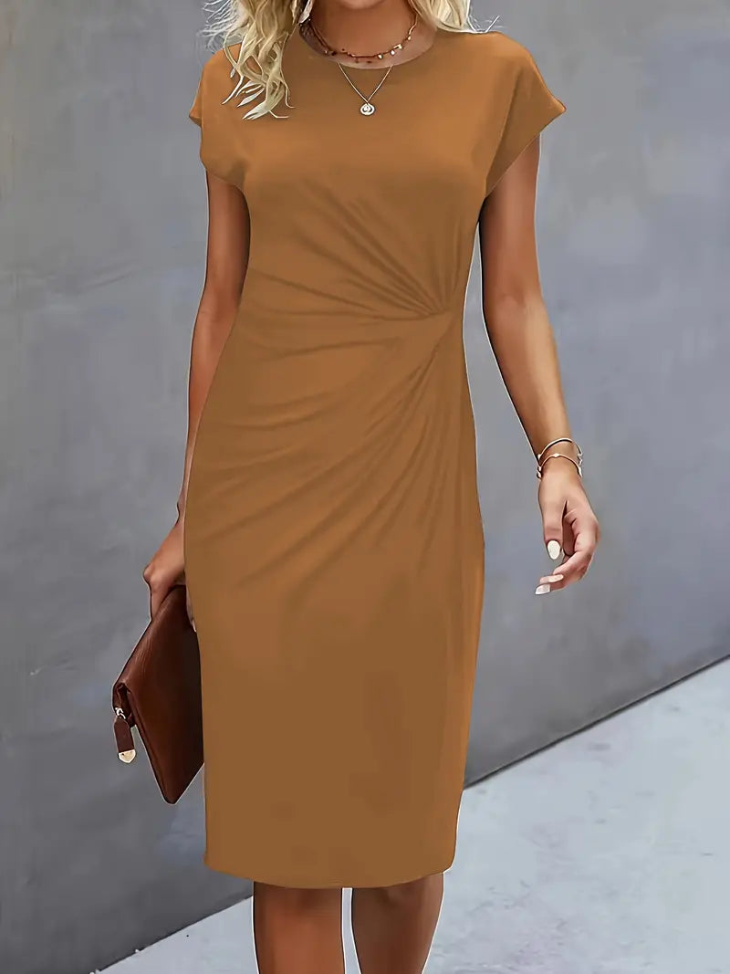 Elegant khaki midi dress with short cap sleeves and round neckline, ruched waist