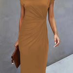 Elegant khaki midi dress with short cap sleeves and round neckline, ruched waist