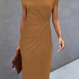 Elegant khaki midi dress with short cap sleeves and round neckline, ruched waist