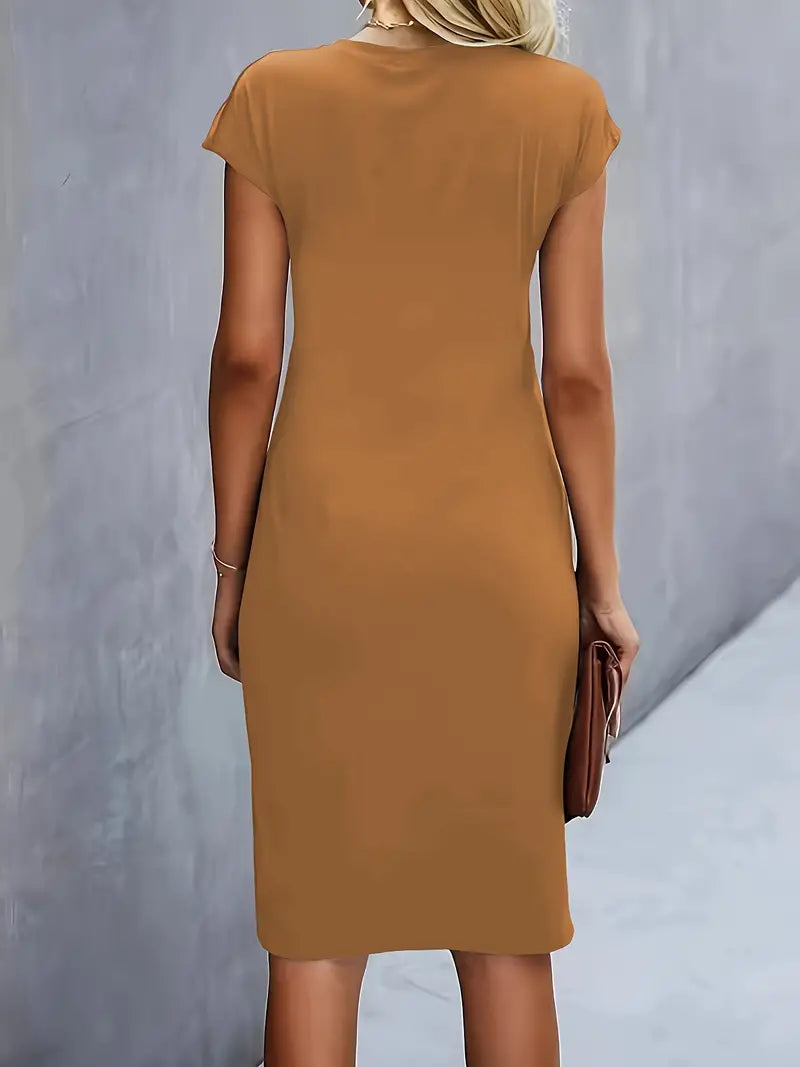 Elegant khaki midi dress with short cap sleeves and round neckline, back view