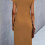 Elegant khaki midi dress with short cap sleeves and round neckline, back view