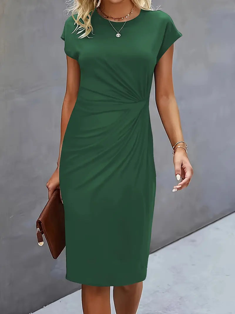 Women's midi dress in dark green, short sleeves, draped waist seam, round neckline