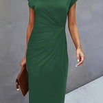 Women's midi dress in dark green, short sleeves, draped waist seam, round neckline