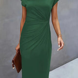 Women's midi dress in dark green, short sleeves, draped waist seam, round neckline