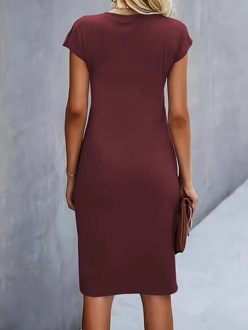 Women's burgundy midi dress, short sleeves, back view, fitted midi length
