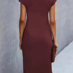 Women's burgundy midi dress, short sleeves, back view, fitted midi length