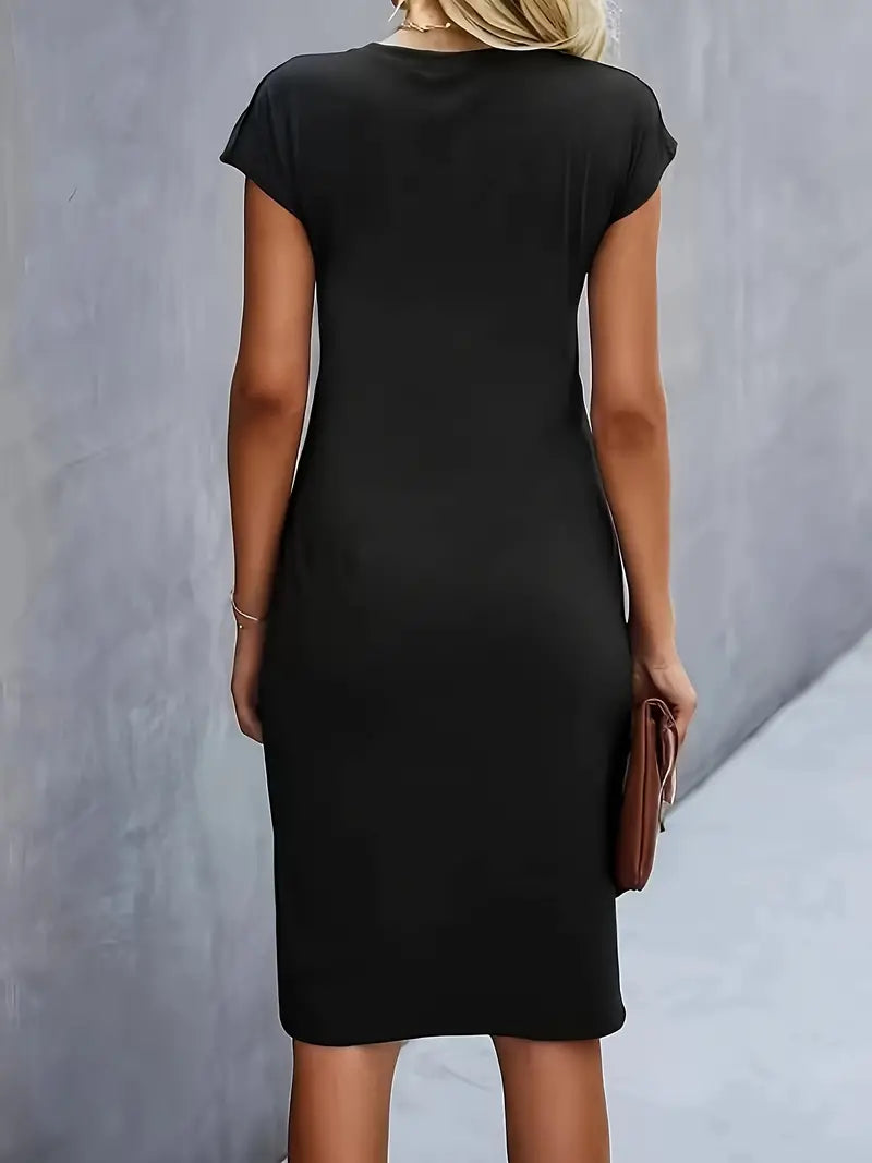 Elegant black midi dress with short cap sleeves and round neckline, back view