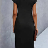 Elegant black midi dress with short cap sleeves and round neckline, back view