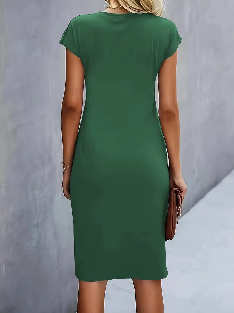 Women's dark green midi dress, short sleeves, back view, plain round neckline