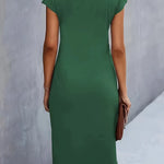 Women's dark green midi dress, short sleeves, back view, plain round neckline