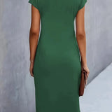 Women's dark green midi dress, short sleeves, back view, plain round neckline