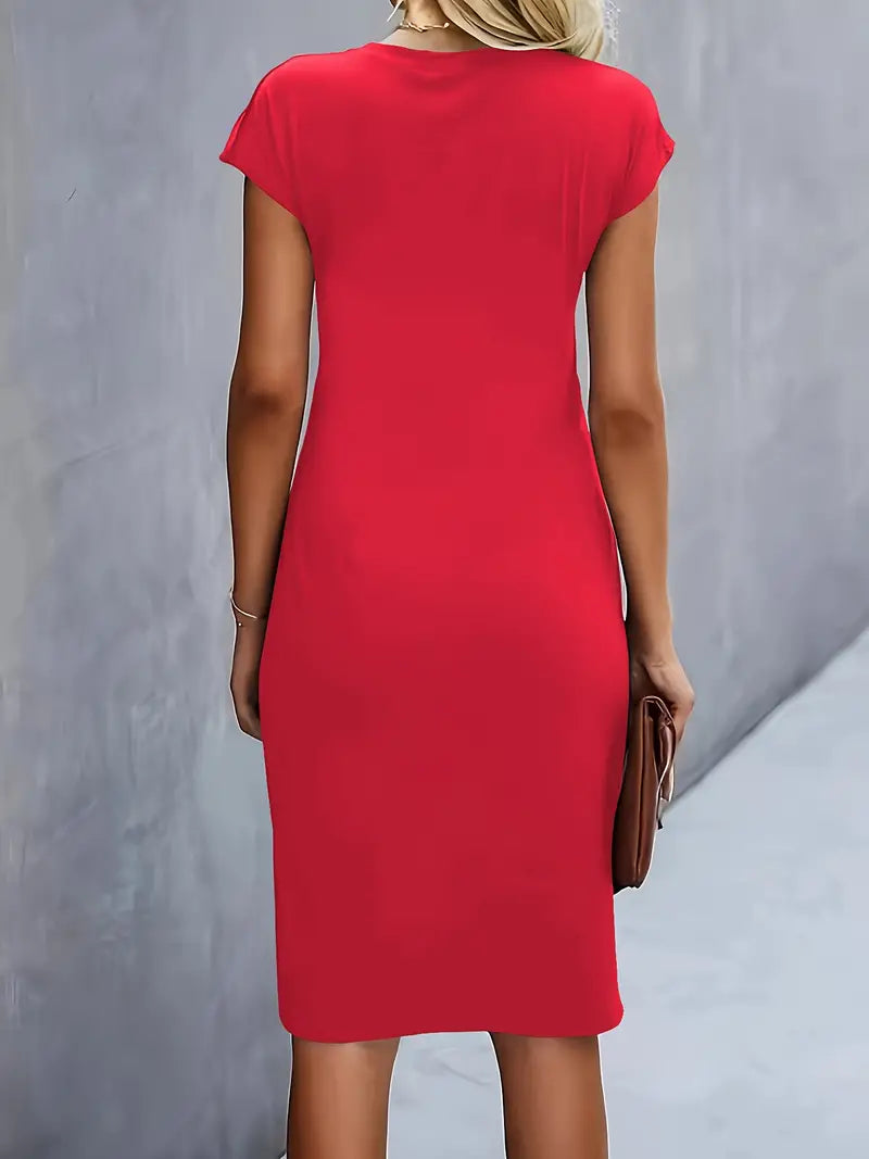 Elegant red midi dress with short cap sleeves and round neckline, back view