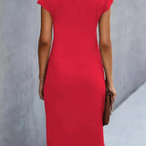 Elegant red midi dress with short cap sleeves and round neckline, back view