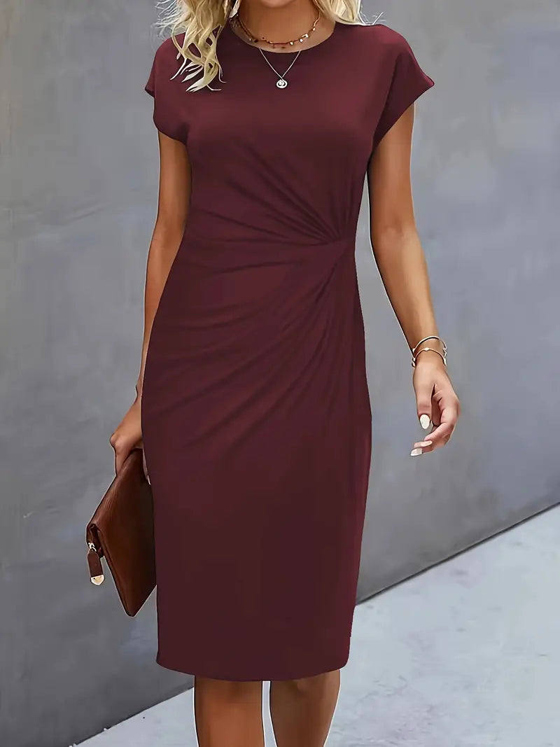 Women's burgundy midi dress, short sleeves, draped waist seam, round neckline