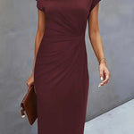 Women's burgundy midi dress, short sleeves, draped waist seam, round neckline