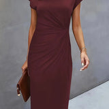 Women's burgundy midi dress, short sleeves, draped waist seam, round neckline