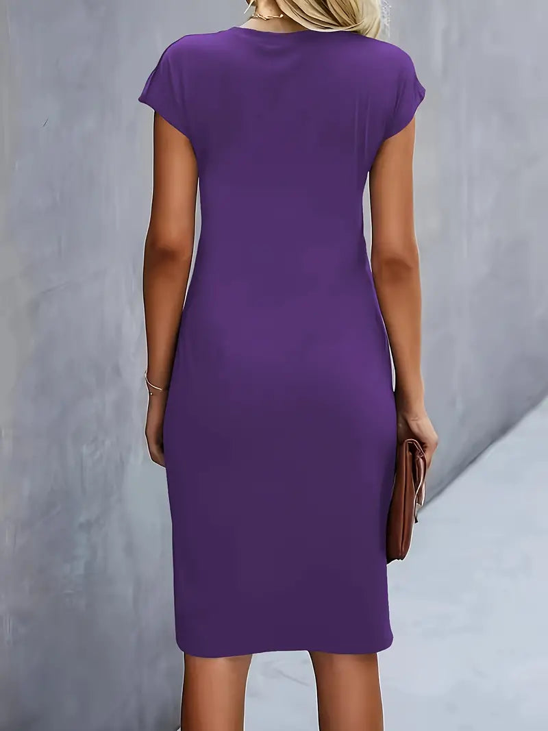 Women's purple midi dress, short sleeves, back view, fitted midi length