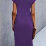 Women's purple midi dress, short sleeves, back view, fitted midi length
