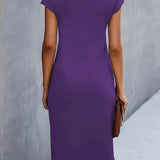 Women's purple midi dress, short sleeves, back view, fitted midi length