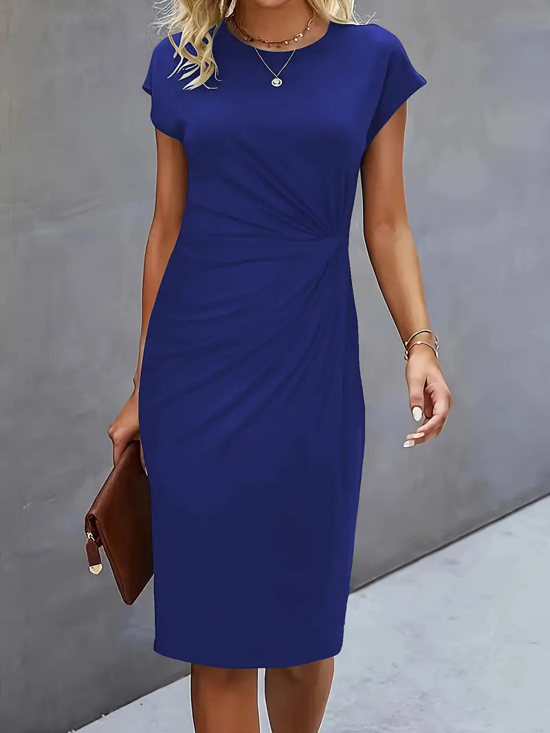 Women's royal blue midi dress, short sleeves, draped waist seam, round neckline