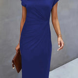 Women's royal blue midi dress, short sleeves, draped waist seam, round neckline