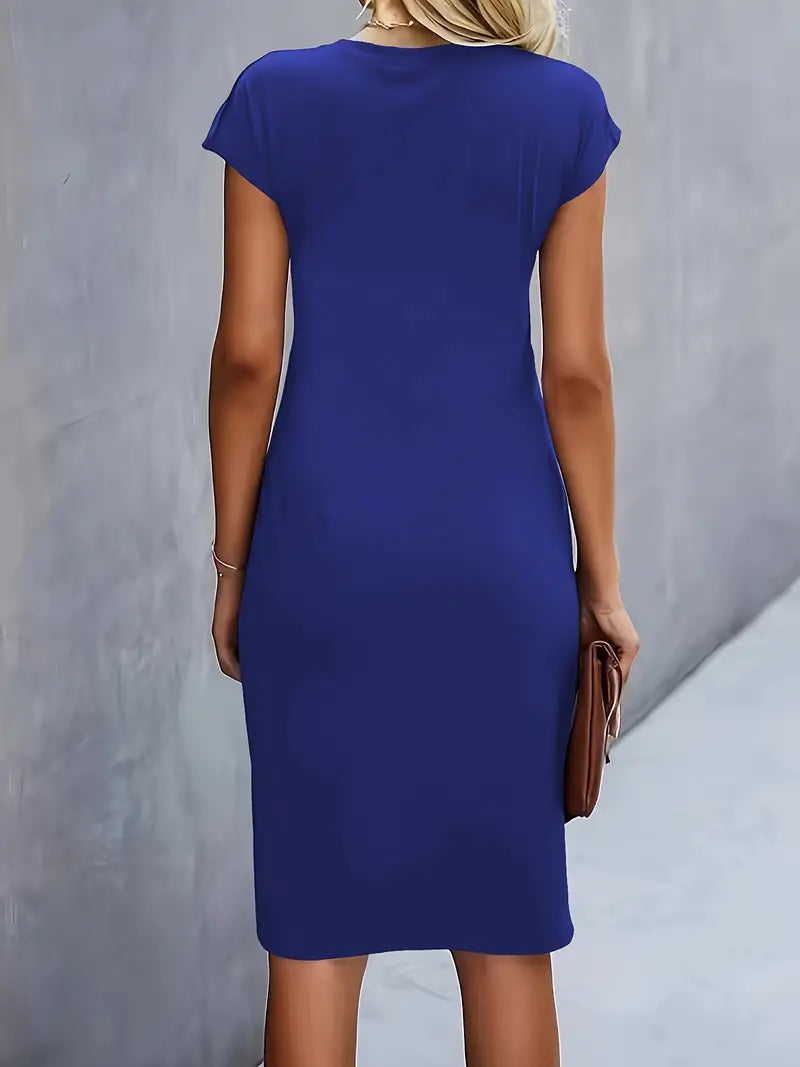 Women's royal blue midi dress, short sleeves, back view, smooth fitted silhouette