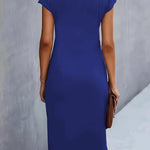 Women's royal blue midi dress, short sleeves, back view, smooth fitted silhouette