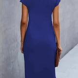 Women's royal blue midi dress, short sleeves, back view, smooth fitted silhouette