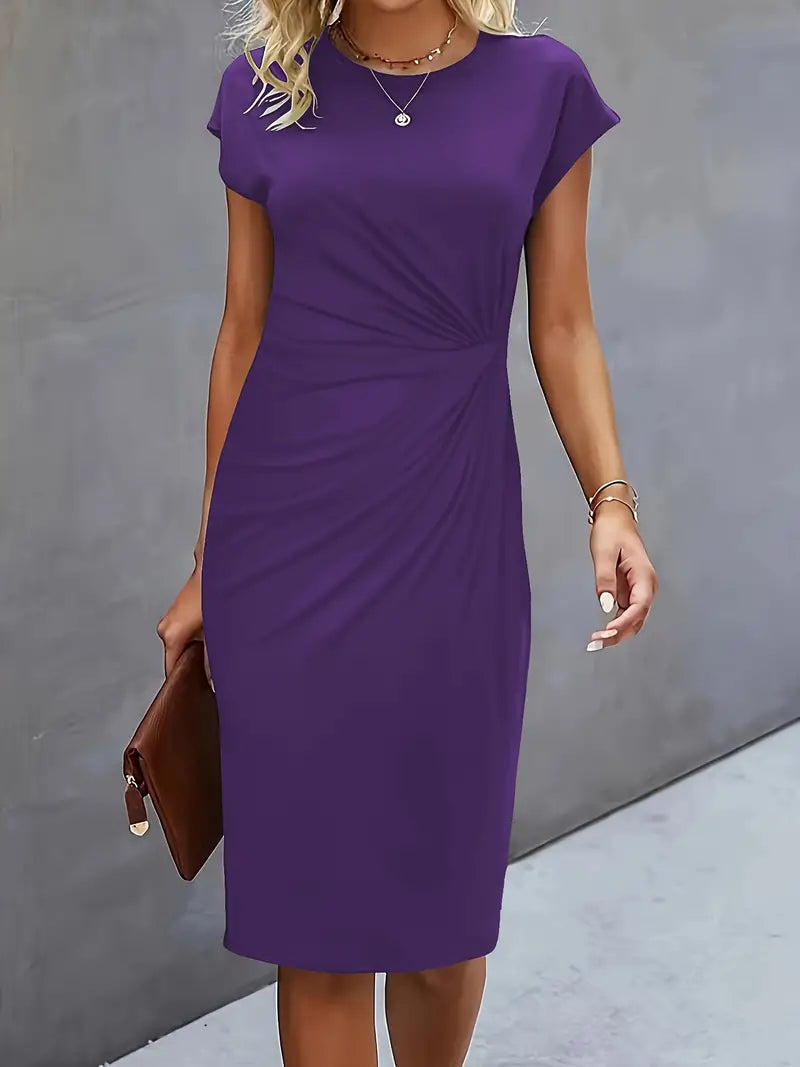 Women's purple midi dress, short sleeves, draped waist seam, round neckline
