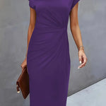Women's purple midi dress, short sleeves, draped waist seam, round neckline