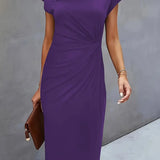 Women's purple midi dress, short sleeves, draped waist seam, round neckline