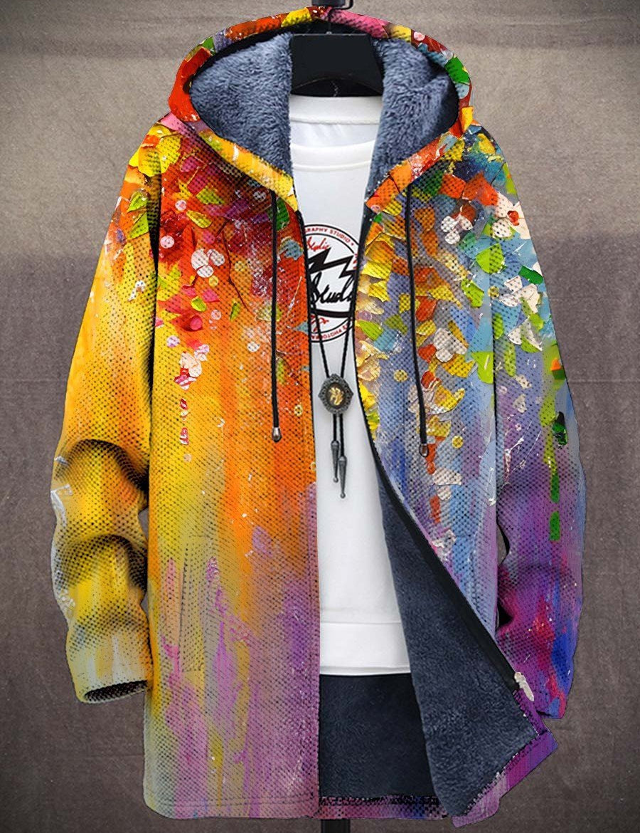 Paint-splatter zip-up cardigan with hood and drawstrings, gray fleece lining