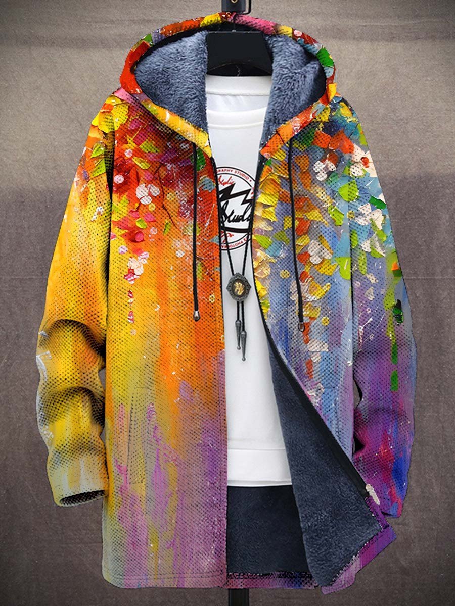 Paint-splatter zip-up cardigan with hood and drawstrings, gray fleece lining