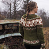 Olive knit pullover sweater, Fair Isle back yoke pattern and ribbed cuffs