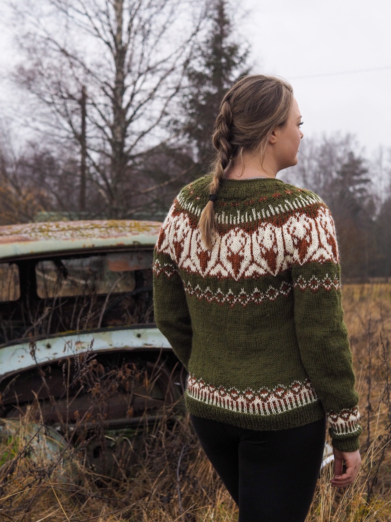 Olive knit pullover sweater, Fair Isle back yoke pattern and ribbed cuffs