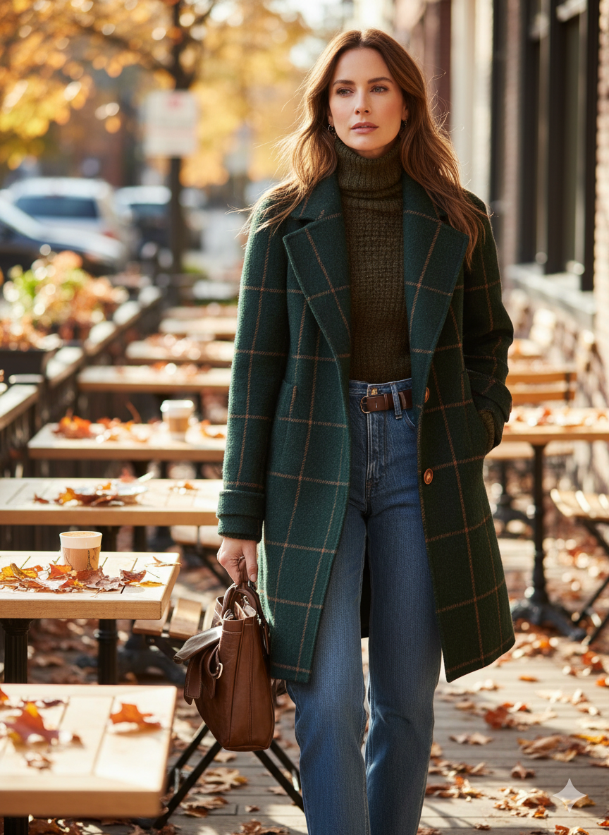 Women’s dark green plaid long coat with lapels and button front, worn with jeans