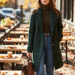 Women’s dark green plaid long coat with lapels and button front, worn with jeans