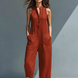 Minimalistischer Damen-Jumpsuit mit Stehkragen, Knopfleiste und lässiger, lockerer Passform