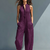 Minimalistischer Damen-Jumpsuit mit Stehkragen, Knopfleiste und lässiger, lockerer Passform