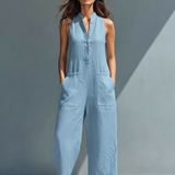 Minimalistischer Damen-Jumpsuit mit Stehkragen, Knopfleiste und lässiger, lockerer Passform