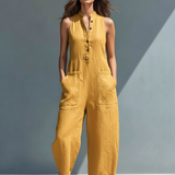 Minimalistischer Damen-Jumpsuit mit Stehkragen, Knopfleiste und lässiger, lockerer Passform