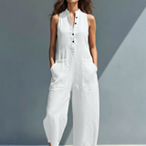 Minimalistischer Damen-Jumpsuit mit Stehkragen, Knopfleiste und lässiger, lockerer Passform