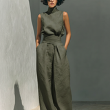 Minimalistisches ärmelloses Blusen- und Hosen-Set für Damen mit weitem Bein