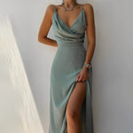 Athena™ sage slip dress with spaghetti straps, deep V-neck, and side slit