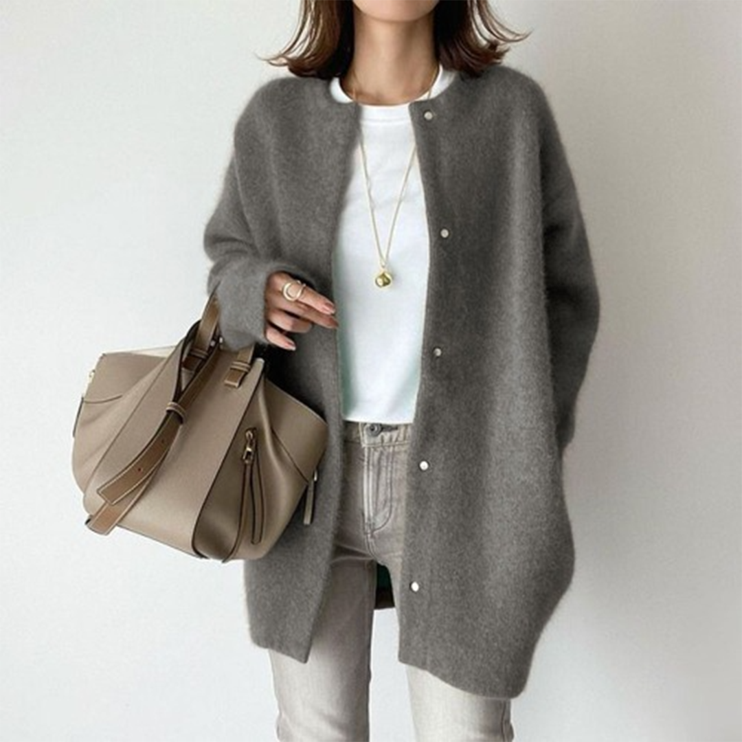 Gray knit cardigan with button front and long sleeves