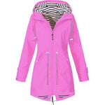 Pink zip-up hooded parka jacket with striped inner hood and drawstring cords