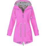 Pink zip-up hooded parka jacket with striped inner hood and drawstring cords